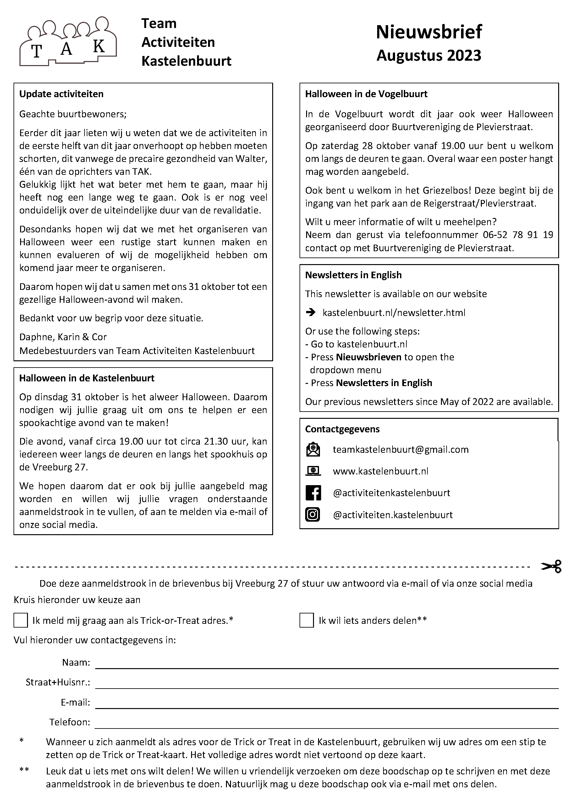 Nieuwsbrief van Team Activiteiten Kastelenbuurt